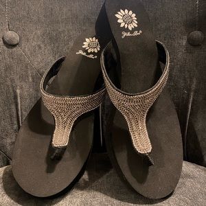 Yellow Box women's rhinestone wedge sandal comfortable thong flip flops.